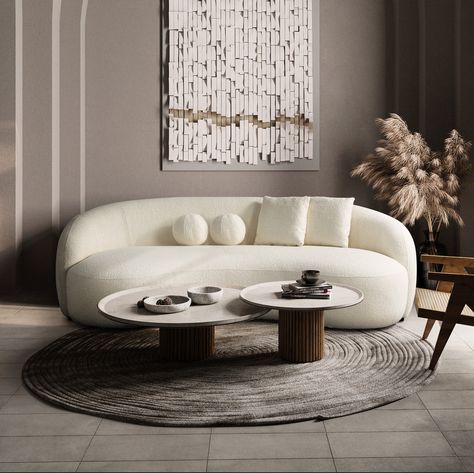 It's past time for some mindless lounging in the lap of this Mid-Century Modern Baker cream French boucle Fabric Sofa. Curvy Sofa, Dining Table Rug, Japandi Style, Urban Loft, Curved Sofa, The Embrace, Contemporary Sofa, Comfortable Sofa, Dining Room Bar