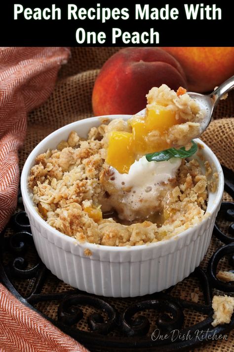 Easy single serving peach recipes that you can make with one peach. Crisps, scones, cobblers, and more! Perfect for one or two people to enjoy. Microwave Peach Crisp, Peach Crisp For One, Ramekin Recipe, Easy Peach Crisp, Peach Crisp Recipe, One Dish Kitchen, Easy Meals For One, Recipe For 1, Small Batch Baking