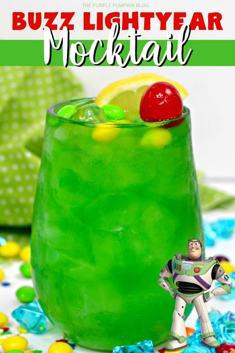 If your kids love Toy Story, they are going to love this fizzy and fruity Buzz Lightyear Mocktail! This fun beverage is quick to make, and is great for a Toy Story themed party. Make individual Buzz Lightyear mocktails, or make a large batch and serve from a drinks dispenser. This kid-friendly non-alcoholic cocktail is out of this world! #Mocktails #BuzzLightyearMocktail #PartyDrinks #ThePurplePumpkinBlog #ToyStory Toy Story Inspired Drinks, Buzz Lightyear Party Food Ideas, Toy Story Alcohol Drinks, Toy Story Recipes, Toy Story Cocktails, Toy Story Themed Dinner, Toy Story Movie Night Food, Buzz Lightyear Birthday Party Food, Toy Story Drinks