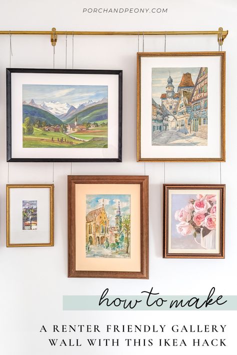 Create a renter and budget friendly gallery wall with this simple Ikea hack. Blend with vintage frames and art for a collected look | Ikea Hacks | Ikea | Gallery | Gallery Wall | Gallery Wall Ideas | Gallery Wall Layout | Gallery Wall Living Room | Rental Decorating | Rental Home Decorating | Renter Friendly Decorating | Renter Hacks Apartment | Rental Friendly Ideas | Budget Decor | Picture Rail | Picture Rail Living Room | Picture Rail Hanging Wain Scoting Wall, Ikea Art Wall, Picture Wall Apartment, Renter Friendly Photo Wall, Home Office Renter Friendly, Bedroom Hallway Wall Decor, Renter Friendly Ikea Hacks, Diy Wall Framing, Photo Rail Wall