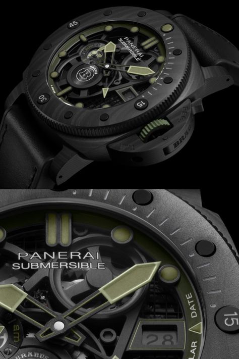 The latest addition to the BRABUS x Panerai collaboration is the limited edition Submersible S BRABUS Verde Militare Edition. Limited to just 200 pieces, this 47mm timepiece features a Carbotech case and a skeletonized movement with a three-day power reserve. The unidirectional rotating bezel and GMT function make it a perfect fit for diving enthusiasts, while the patented polarized date display allows for optimal visibility of the movement. Click on the photo to discover more😉 Panerai Submersible, Headphones Design, Black Ops, The Movement, Men's Watches, Dive Watches, Mechanical Watch, The Limited, Cool Watches