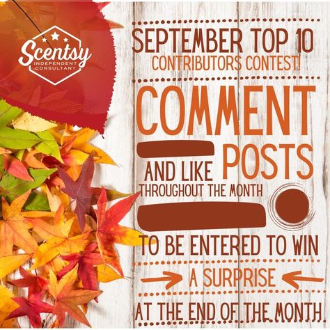 September Shopping Link Scentsy, Now Booking September Parties Scentsy, Scentsy Interactive Games, Top Contributors Facebook Group, Scentsy Book A Party September, September Interactive Posts Facebook, Scentsy Vip Group Ideas, Scentsy Grow The Group Giveaway, New Scentsy Consultant