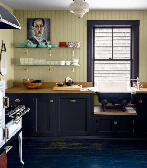 Blue And Black Cabinets Kitchen, Navy And Green Kitchen, Navy Kitchen Cabinets Color Combos, Black Lower Cabinets, Kitchen Open Shelves, Lower Cabinets, Navy Kitchen, Blue Kitchen Cabinets, Green Kitchen Cabinets