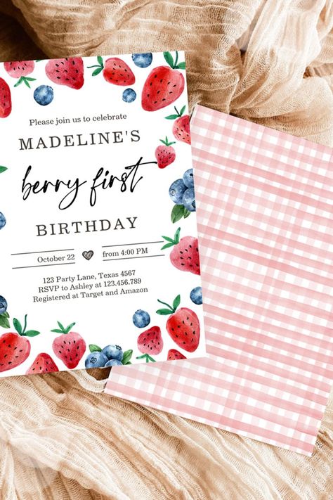 Strawberry 1st Birthday Invite First Berry Sweet 1st Birthday Invites, Strawberry 1st Birthday, 1st Birthday Invite, Berry First Birthday, Strawberry Blueberry, 1st Birthday Invitations, First Birthday Invitations, Birthday Invite, Bday Party