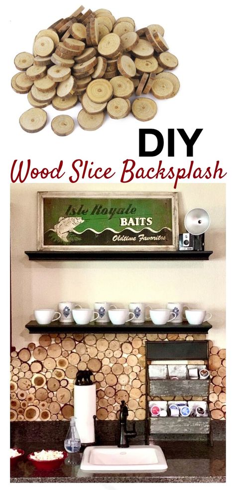 Looking for backsplash ideas for your kitchen? This rustic backsplash is perfect for white cabinets! It's also a cheap and easy home decor project anyone can do. Perfect if you're on budget but want something unique and beautiful. You can easily remodel your boring kitchen with wood slices and gorilla glue. Great for a coffee bar or dining room, too. It definitely has a modern farmhouse feel to it. I love country rustic home decor ideas like this! #homedecor #diy #rustic #backsplash #kitchen Kitchen Organizing Ideas, Rustic Kitchen Backsplash, Rustic Backsplash, Beautiful Backsplash, Diy Kitchen Projects, Diy Kitchen Backsplash, Diy Rustic Home, Unique Backsplash, Farmhouse Kitchen Remodel