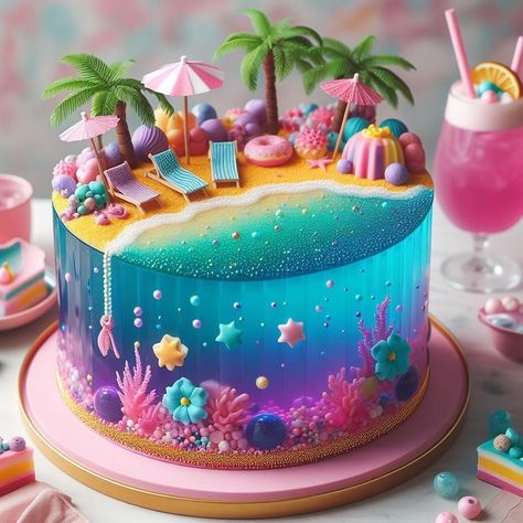 Beach Cake, Ocean Cakes, Creative Cake Decorating, Summer Cakes, Creative Birthday Cakes, Crazy Cakes, Pretty Birthday Cakes, Cute Birthday Cakes, Cool Birthday Cakes