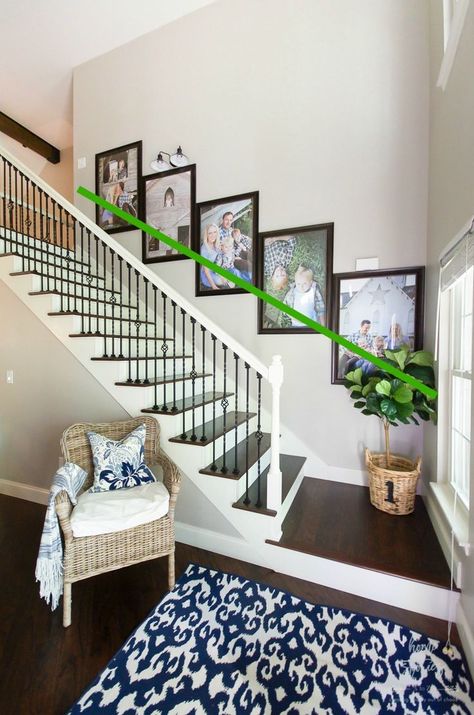 Learn how to create a clean and simple stairway picture wall using affordable engineering prints and poster frames. Step by step tips on how to easily hang frames. Stairway Picture Wall, Stairway Pictures, Decorating Stairway Walls, Stairway Gallery Wall, Gallery Wall Staircase, Staircase Wall Decor, Diy Staircase, Staircase Wall, Stair Case