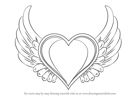 Learn How to Draw Heart with Wings (Love) Step by Step : Drawing Tutorials Wings Easy Drawing, Heart With Wings Drawing, How To Draw Heart, Hearts With Wings, Draw Heart, Heart With Wings Tattoo, Sacred Heart Art, Valentines Day Drawing, Drawings Tutorials