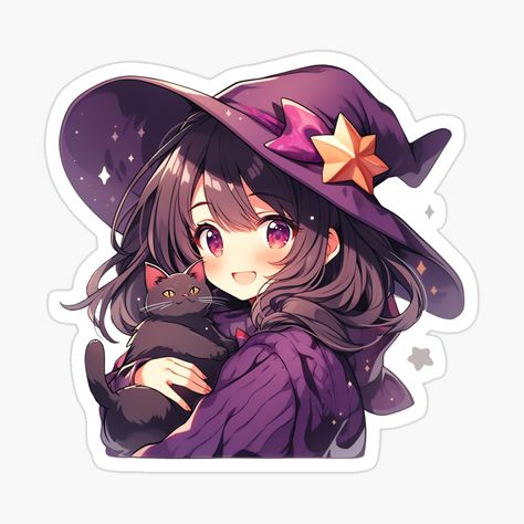 Cute Kawaii Halloween Witch and Her Cat in Purple Pastel Colors by CozyKawaiiArt | Redbubble Cute Girly Sticker, Chibi Witch, Witch And Her Cat, Girly Artwork, Kawaii Witch, Cute Witches, Nightwing Cosplay, Icon Halloween, Animated Witch