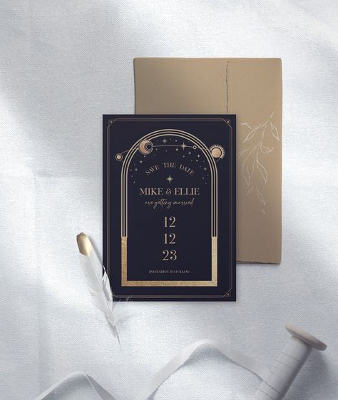 Black & Gold Celestial Save the Date, Gold Arch Invite, Moon and Stars Theme, Moon Goddess Celestial Shower, Black and Gold, Tarot Save The Date Black, Star Pendant Lighting, Shower Black, Moon Baby Shower, Moon Wedding, Edit Template, Check Email, Tropical Leaf Print, Astrology Chart