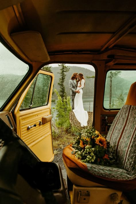 Bride and groom are seen through the open door of their bright yellow campervan standing in front of Horsetooth Reservoir in the Flathead National Forest of Montana. Flathead National Forest, Vw Bus Photo, True Love Photos, Glacier National Park Elopement, Authentic Love, Love Magazine, Combi Vw, Intimate Photos, Bonnie Clyde