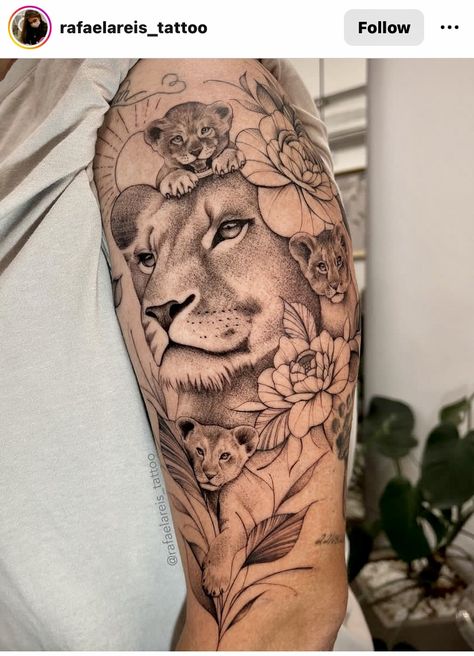 Lion Tattoo For Women, Lioness And Cub Tattoo, Lion Cub Tattoo, Female Lion Tattoo, First Tattoo Ideas, Motherhood Tattoos, Lioness Tattoo, Leopard Tattoos, Family Tattoo Designs