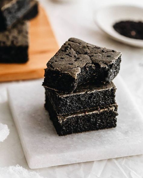 Black Sesame Brownie Mochi by siftandsimmer | Quick & Easy Recipe | The Feedfeed Brownie Mochi Recipe, Sesame Dessert Recipes, Black Sesame Seeds Recipes, Brownie Mochi, Black Sesame Recipes, Mochi Brownie, Sesame Dessert, Black Sesame Cookies, Black Sesame Cake