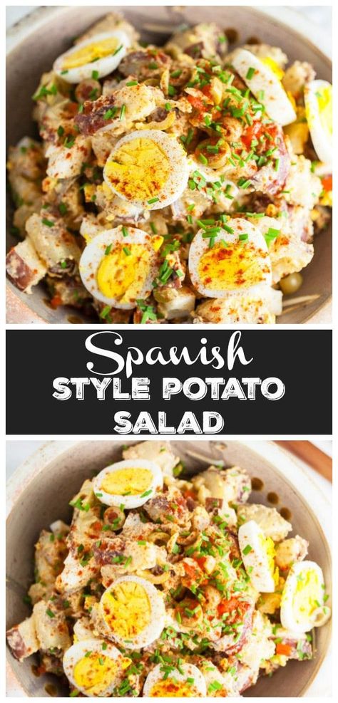 This Spanish Style Potato Salad is a fun and unique twist on the traditional potato salad recipe! This potato salad is easy to make and loaded with red potatoes. It's made with egg and with olives. A tangy dressing made with mustard and smoked paprika gives the salad its Spanish flavor. Bring this simple homemade vegetarian side dish that's loaded with flavor to your next bbq! #potatosalad #potato #withegg #salad #spanish #olives #bbq #vegetarian Spanish Potato Salad, Traditional Potato Salad Recipe, Spanish Potatoes, Vegetarian Sides, Potato Salad Recipe, Vegetarian Side Dishes, Side Dishes For Bbq, Potatoe Salad Recipe, Mediterranean Diet Recipes