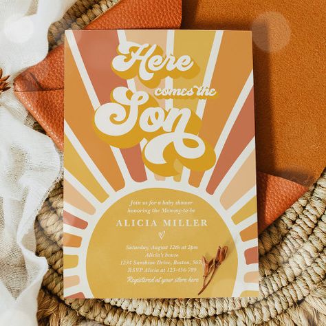 Here Come The Son, Hippie Baby Shower, Sunshine Baby Shower Invitations, Retro Baby Showers, Boho Sunshine, Sunshine Baby Shower, Bohemian Baby Shower, Sunshine Baby Showers, Hippie Baby