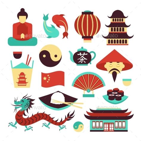 China Symbols Set Asian Symbols, Small Wave Tattoo, Bahasa China, Holiday China, Explore China, China Culture, Chinese Cartoon, National Symbols, Chinese Symbols