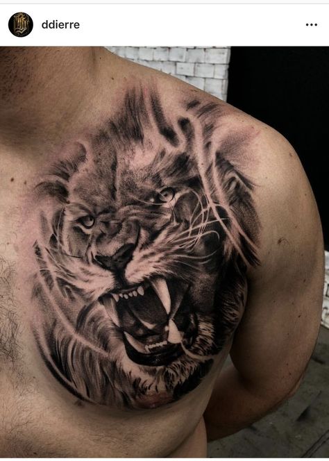 Lion Pec Tattoo, Animals Tatoos Ideas, Lion Chest Tattoo Men Design, Lion Tattoo Chest, Dragon And Lion, Lion Chest Tattoo, Lion Shoulder Tattoo, Lion Hand Tattoo, Cute Tattoo Ideas