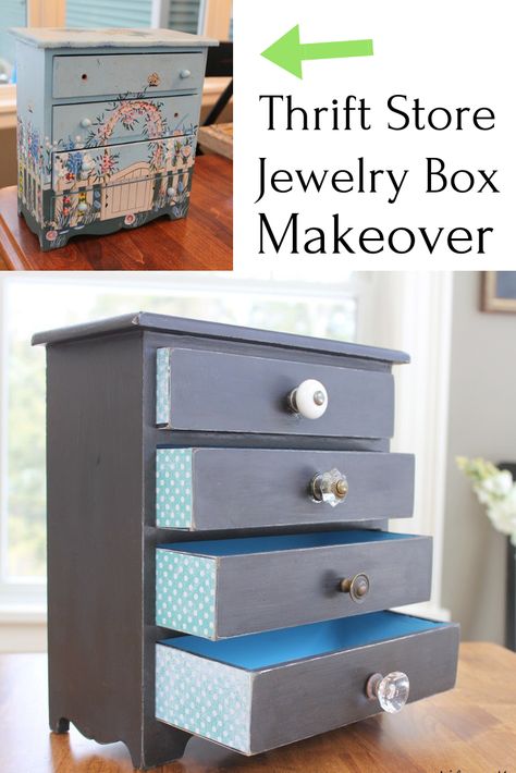 Thrift Store Thursday - Jewelry Box Makeover - Life on Kaydeross Creek Thrift Store Jewelry, Upcycle Jewelry Box, Pretty Scrapbook, Box Makeover, Thrift Store Upcycle, Jewelry Box Makeover, Vintage Jewelry Diy, Inexpensive Crafts, Painted Jewelry Boxes