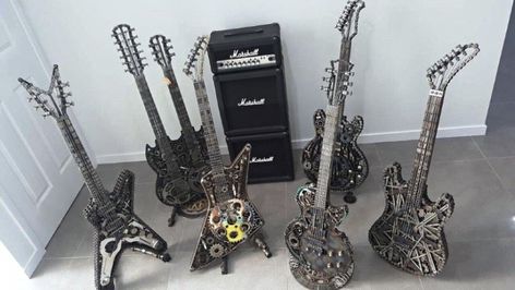 Young James Hetfield, Metal Guitars, Malcolm Young, Metal Guitar, Eddie Van Halen, Metal Garden Art, James Hetfield, Dave Grohl, Junk Art