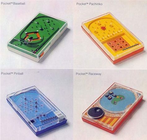 Tomy Pocket Games, about $4 at the drugstore in the 1970's, the size of a cassette case. Baseball, auto racing, pachinko, very ingenious gravity/magnetic games I spent HOURS playing and playing... Childhood Memories 80s, 80’s Toys, 70s Toys, Old School Toys, Pocket Game, Iphone Games, School Memories, Childhood Days, I Remember When