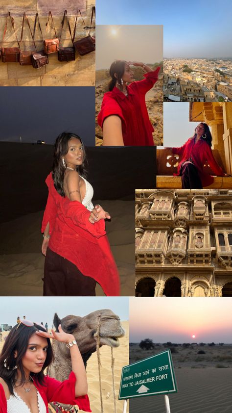 Picture collage of a girl visiting famous places and desert in jaisalmer Rajasthan in a pretty red shirt and Desert Photoshoot Ideas, Desert Photoshoot, Mini Vlog, Desert Safari, Jaisalmer, Travel Lifestyle, Fort, Tourism, India