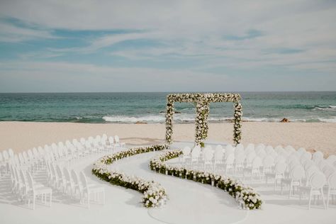 shayla-lester-wedding-beach-ceremony-0621 Beach Wedding White, Oceanfront Wedding, Martha Weddings, Dream Beach Wedding, Beach Dinner, Train Wedding, Stage Decor, Detachable Train, Cabo Weddings