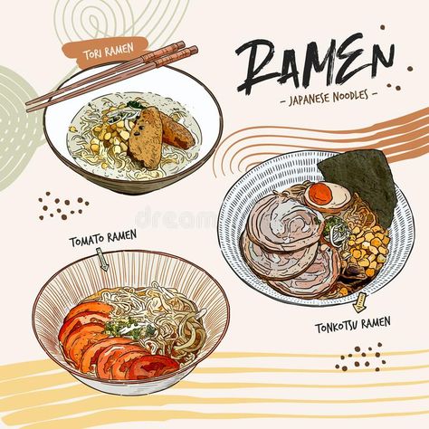 Ramen Shop Illustration, Ramen Sketch, Ramen Cartoon, Ramen Drawing, Ramen Collection, Ramen Illustration, Tofu Ramen, Tonkatsu Ramen, Noodle Doodle