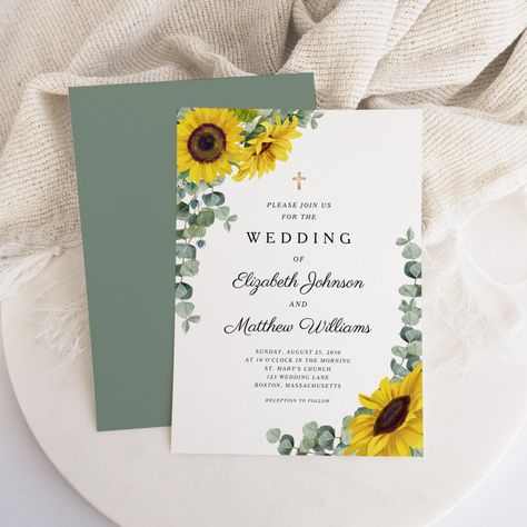 Green Sunflower Wedding, Green Stationary, Dusty Sage Green, Green Sunflower, Elizabeth Johnson, Sunflower Wedding Invitations, Dusty Sage, Religious Wedding, Catholic Wedding