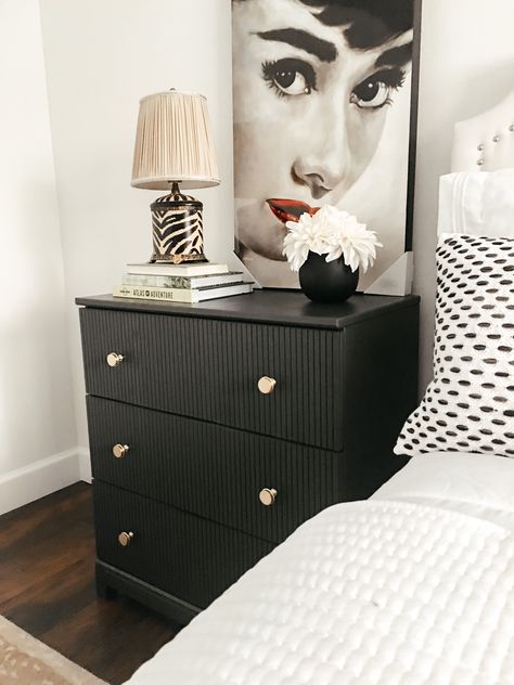 DIY Fluted Dresser or Nightstand. Ikea Tarva Hack. Get a high end look for less. Under $220 furniture flip. Diy Black Nightstand Ideas, Tarva Dresser Hack Night Stands, Black Fluted Nightstand, Diy Black Nightstand, Dresser As Nightstand Master Bedrooms, High Nightstands, Diy Black Dresser, Nashville Bedroom, Luxe Goth