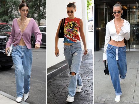 Bella Hadid in low-rise jeans How To Style Low Rise Jeans, Low Rise Jeans Outfit Aesthetic, Low Rise Flare Jeans Outfit, Nail Y2k, Low Rise Jeans Outfit, Flare Jeans Outfit, Low Waist Jeans, Low Rise Flare Jeans, Fashion Guide