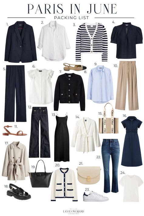 How to pack for Paris in June for the summer season. 24 classic and chic pieces to mix and match. All are timeless and versatile. Summer Outfit Europe Travel, Parisian Style Clothing, June Paris Outfits, June 2024 Outfits, Paris Wardrobe Summer, June London Outfits, London June Outfit Ideas, Outfits For Paris In June, Europe Summer Capsule Wardrobe 2024