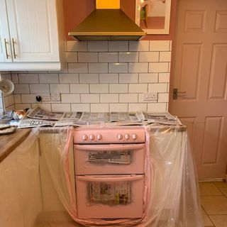 1950s Cottage Kitchen, 1950s Kitchen Inspiration, Pink Stove Range, Oven Makeover, Upcycling Ideas For The Home, Painted Stove, Painted Appliances, Painted Oven, Painted Microwave