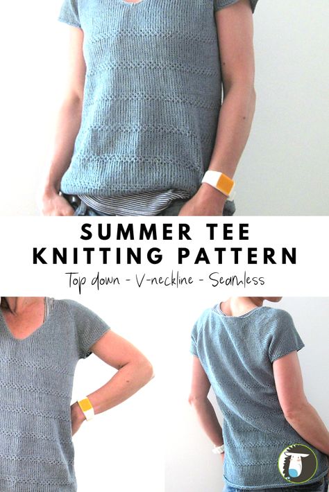 10 Summer Tee Knitting Patterns - This one is a v-neck seamless tee. It's knitted in-the-round from the top down. It also features textured stripes and short row shaping. Knit Skirt Pattern, Knitting Tops, Summer Knitting Patterns, Knit Top Patterns, Summer Knit Tops, Summer Sweaters, How To Purl Knit, Knitted Tops, Summer Knitting