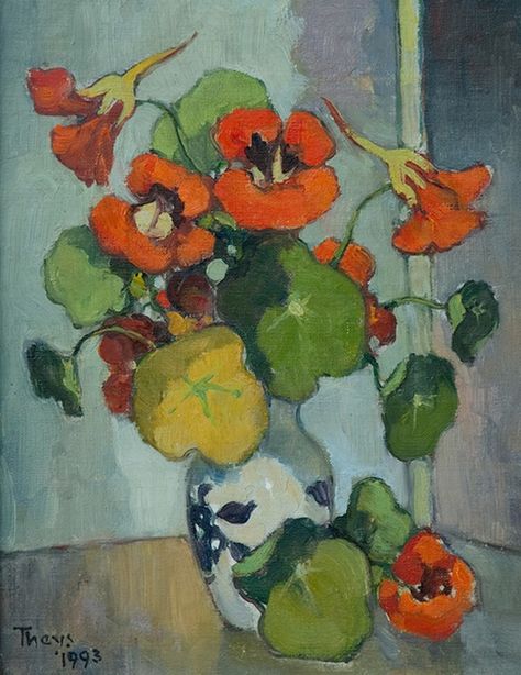 Conrad Nagel Doman Theys (b.1940) — Nasturtium, 1993 (800x617) Flowers In A Vase, Soyut Sanat Tabloları, Paintings I Love, Still Life Art, Flower Art Painting, Arte Floral, Tempera, Botanical Art, Beautiful Paintings