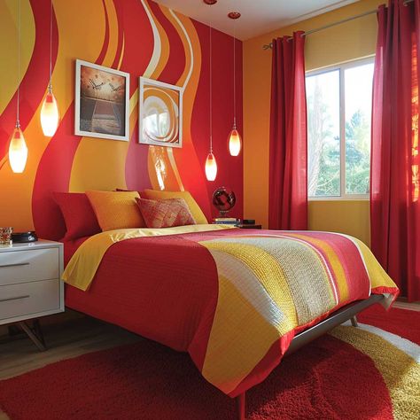 Bold Red and Yellow Bedroom Interior Color Combination for a Vibrant Space • 333+ Art Images Bedroom Interior Colour, Red Comforter, Contemporary Bedrooms, Slope House, Geometric Pendant Light, Yellow Interior, Yellow Bedroom, Abstract Wall Decor, Dining Room Living Room