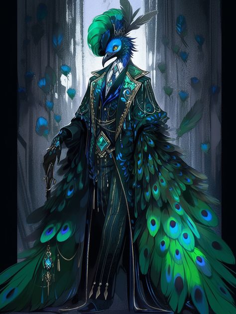 Peacock Character Design Concept Art, Peacock Person Character Design, Peacock Humanoid, Bird Folk Dnd, Hummingbird Aarakocra, Chicken Aarakocra, Peacock Character Design Male, Peacock Fantasy Art, Peacock Anthro