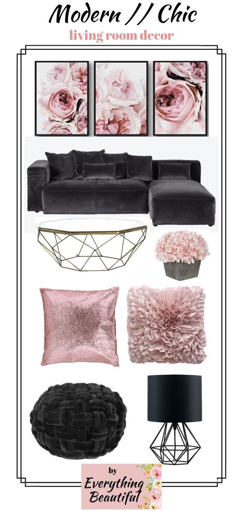 Black White Grey Pink Living Room, Pink And Black Living Room Ideas Glam, Black White And Pink Living Room Ideas, Pink Sofa In Living Room, Pink Black White Living Room, Black White Silver Pink Living Room, Black And Rose Gold Living Room, Dark Gray And Pink Living Room, Black Gold And Pink Living Room