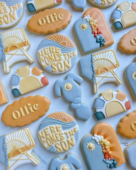 Here Comes The Sun Cookies, Here Comes The Son Cookies, Sun Cookies, Sunshine Cookies, Boho Baby Boy, Here Comes The Son, Music Cookies, Baby Boy Themes, Baby Shower Theme Decorations