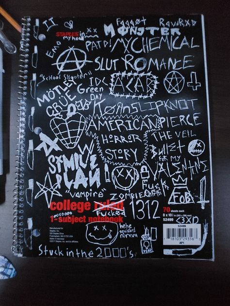 Emo notebook Emo Stationary, Grunge Sketchbook Cover, Emo Notebook, Punk Notebook, Emo Journal, Punk Sketchbook, Punk Journal, Sketchbook Cover Ideas, Emo Scene Aesthetic