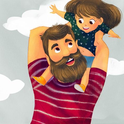 Cute illustration of a father hoisting his daughter over his shoulders. #fathersday #kidlit #childrensbook #childrensbookillustration #kidlitart #childrensbookillustrator Father Daughter Illustration, Dads Birthday Card Ideas, Father And Daughter Illustration, Fathers Day Illustration, Father Drawing, Father With Daughter, Dad Illustration, Father Illustration, Father's Day Illustration