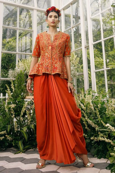 Shop for these amazing collections of Orange Silk Embroidery Floral Notched Jacket And Draped Skirt Set For Women by Adi By Aditya Khandelwl online at Aza Fashions. Sufi Night Outfit Women, Drape Skirts Indo Western, Latest Indo Western Outfits For Women, Sufi Night, Indo Western Outfits For Women, Bhumika Sharma, Dori Embroidery, Long Frock Designs, Scallop Border