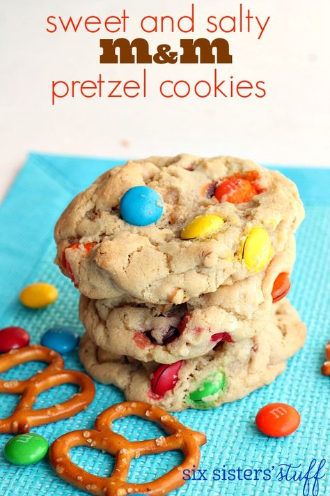 Sweet and Salty M&M Pretzel Cookies | Six Sisters' Stuff Mnm Cookies, Pretzel Recipes, Tailgate Party Food, Salty Desserts, Pretzel Cookies, Kid Recipes, Six Sisters Stuff, Fruit Cookies, Cookies Bars