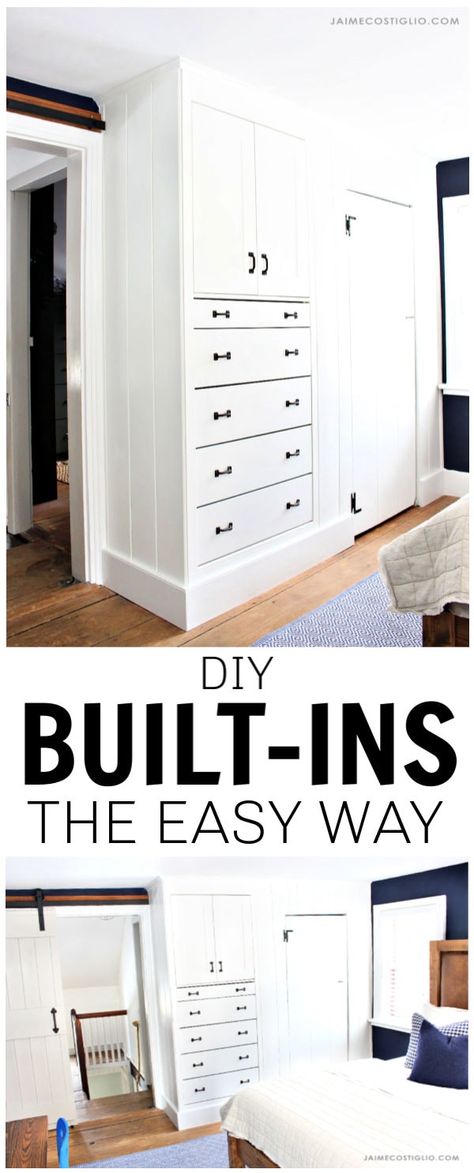 A tutorial for building built-ins the easy way using an Ikea dresser and cabinet to create Shaker style built ins in a bedroom. Built In Dresser In Wall, Built In Dresser In Bedroom, Built In Bedroom Cabinets, Shaker Furniture Plans, Ceiling Moulding, Armoire Ikea, Ikea Built In, Bedroom Built Ins, Ikea Desk Hack