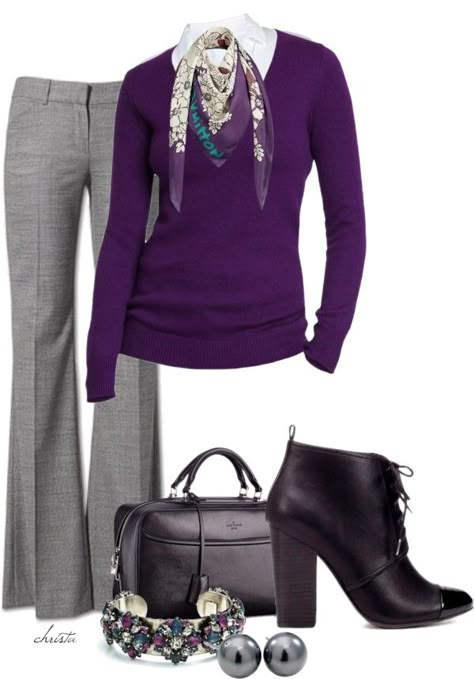 "Purple and Grey" by christa72 ❤ liked on Polyvore Purple Pants Outfit, Grey Pants Outfit, Slacks Outfit, Silver Outfits, Winter Capsule, Winter Comfort, Casual Outfit Inspiration, Winter Work, Swarovski Crystal Jewelry