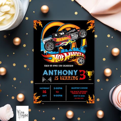 Hotwheels Birthday Invitation, Hot Wheels Birthday Invitations, Cars Invitation, Cars Birthday Invitations, Hot Wheels Birthday, Cars Birthday, Birthday Invitations Kids, Hot Cars, 3rd Birthday