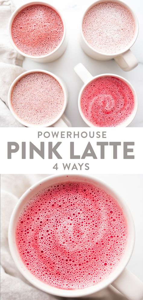 Ever had a pink latte? This (let's face it) adorable superfood beverage is packed full of energy, immune, and strength boosters, thanks to beets! The pink latte is perfectly sweet and light on the earthy beet taste. With options for fresh beets, refrigerated or canned beets, beet juice or beet shots, or beet powder, they're super easy, too. #pink #wellness #beets #immunity #energy Mocktail With Beet Juice, Beet Drink Recipes, How To Make Beet Powder, Recipes Using Beet Powder, Smoothies With Beet Powder, Beet Powder Smoothie, Beet Drinks, Beet Powder Recipes, Beet Shots