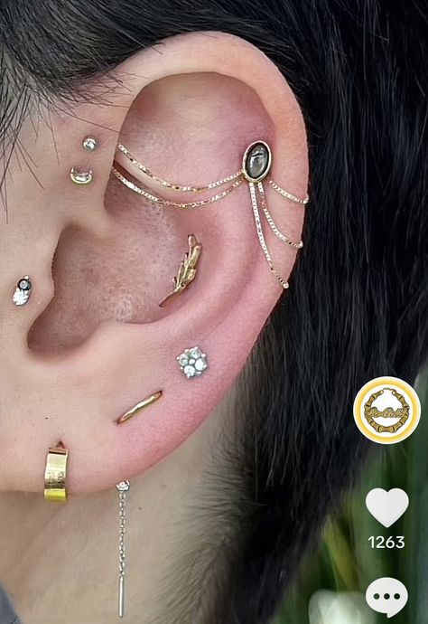 Ethereal Piercings, Loaded Ear Piercing, Silver And Gold Piercings, Curated Ear Piercing Maximalist, Ear Piercing Setup Ideas, Gemini Piercing, Eat Peircings Women Chart, Fairy Ear Piercing, Whimsical Ear Piercings