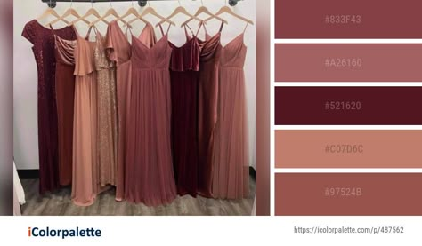 Rosewood Bridal Party, Cabernet Wedding Colors Bridesmaid Dress, Different Fabric Bridesmaid Dresses, Rosewood Wedding Color, Rosewood Bridesmaid Dress, Bridesmaid Dresses Color Palette, Bridesmaid Dress Color Schemes, Mulberry Bridesmaid Dresses, Wedding Color Schemes Spring