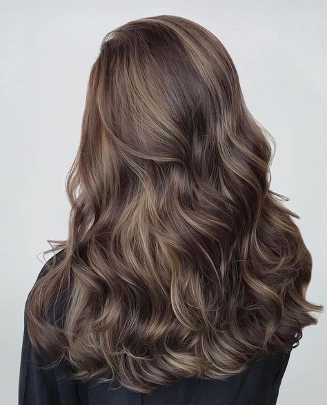 Mid Neck Length Hair With Layers, Hilight Hair Blond, Low Lights In Brown Hair Dark, Brown Aesthetic Hair Color, Light Brown Hair With Dark Lowlights, Brown Wavy Hair Aesthetic, Korean Hair Color Dark Brown, Hazelnut Brown Hair, Sleek Prom Hair