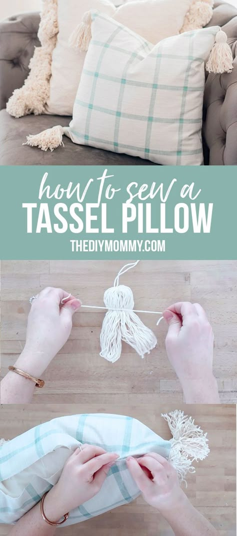 Learn how to sew an easy throw pillow cover featuring tassels on each corner. This is such a fun DIY for your living room or bedroom decor! Easy Throw Pillows, Collage Decoupage, Diy Throw Pillows, Diy Tumblr, Diy Pillow Covers, Tassel Pillow, Diy Tassel, Mom Diy, Diy Pillows